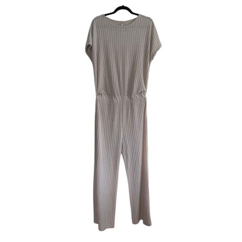 Beige Ribbed Knit Wide Leg Jumpsuit Short Sleeve Elastic Waist Large NWOT